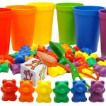 Skoolzy Rainbow Counting Bears Toddler Toys For 3 Year Old Gifts Stocking Stuffers, Sorting Cups, Montessori Sensory Toys, 1 Preschool Learning Activities Math Games Dice Toy, Montessori Tongs, 2 Bags