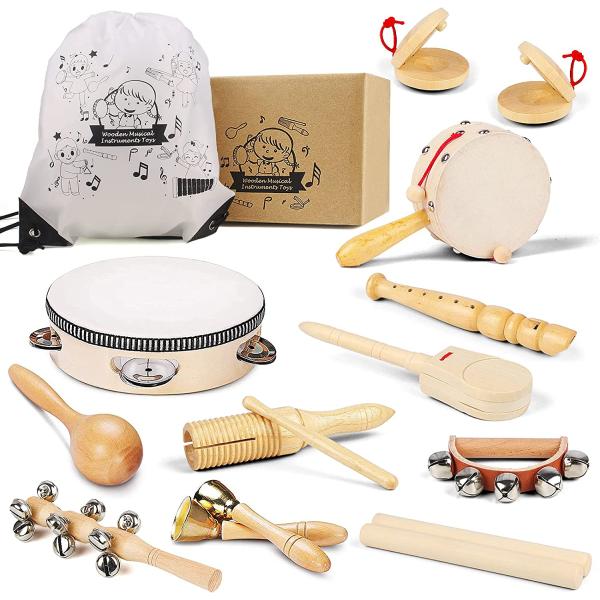 Chriffer Kids Musical Instruments Toys, Percussion Instruments Set with Storage Bag, Preschool Educational Music Toys for Boys Girls, Natural Eco-Friendly Wooden Music Set (11pcs)