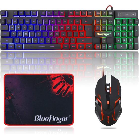 BlueFinger RGB Gaming Keyboard and Backlit Mouse Combo, USB Wired Backlit Keyboard, LED Gaming Keyboard Mouse Set for Laptop PC Computer Game and Work