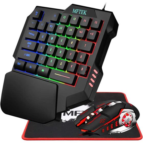 MFTEK One Hand Gaming Keyboard and Mouse Combo, RGB Rainbow Backlit One-Handed Mechanical Feeling Gaming Keyboard with Wrist Rest Support, USB Wired Keyboard Mouse and Mouse Pad Set for PC PS4 Gamer