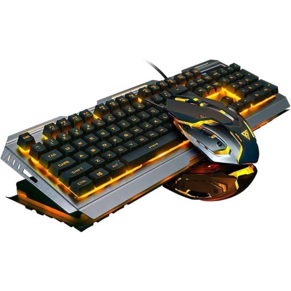 Orange Yellow Gaming Keyboard and Mouse Combo Wired,USB Keyboad Waterproof Dust Proof Silver Metal Raised Key LED Light Backlit Color Change Mouse 3200 DPI for Xbox One Office Computer PC Prime Games