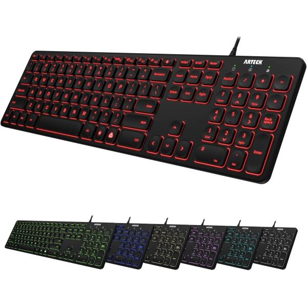 Arteck USB Wired Keyboard Universal Backlit 7-Colors & Adjustable Brightness Full Size Keyboard with 4 Feet Wire, Numeric Keypad and Media Hotkey for Computer Desktop PC Laptop and Windows 11 10 8 7