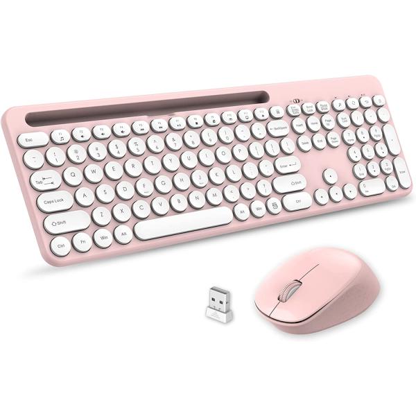 LeadsaiL Wireless Keyboard and Mouse, Wireless Mouse and Keyboard Combo,Cordless USB Computer Keyboard and Mouse Set, Ergonomic, Silent, Slim Full-Sized for Windows Laptop/Apple/iMac/Desktop/PC-Pink