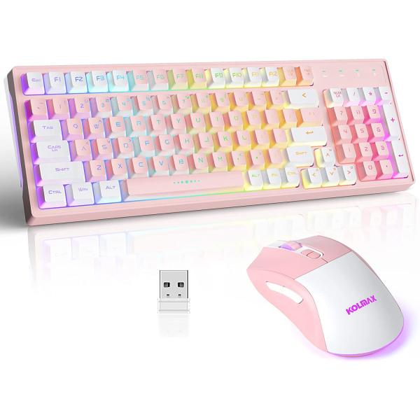 CK98 Wireless Gaming Keyboard and Mouse Combo,Rechargeable RGB Pink Gaming Keyboard RGB Backlit 98 Keys Mechanical Feeling Dual Color Keyboard and Gaming Mouse 3200DPI for PC Mac Gamers(PinkWhite)