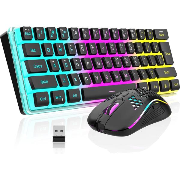 RedThunder 60% Wireless Gaming Keyboard and Mouse Combo, RGB Backlit Rechargeable Battery Mechanical Feel Keyboard with Pudding Keycaps + Lightweight 3200 DPI Honeycomb Optical Mouse (Black)