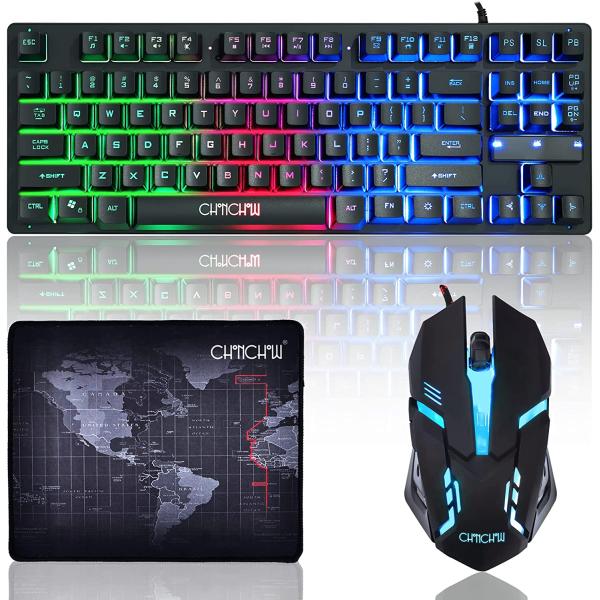 RGB Gaming Mouse and Keyboard, CHONCHOW 87 Keys TKL Gaming Keyboard and Mouse Combo, Wired LED Rainbow Backlit Keyboard 800-3200 DPI RGB Mouse, Keyboard and Mouse Gaming for PS4 Xbox PC Laptop Mac