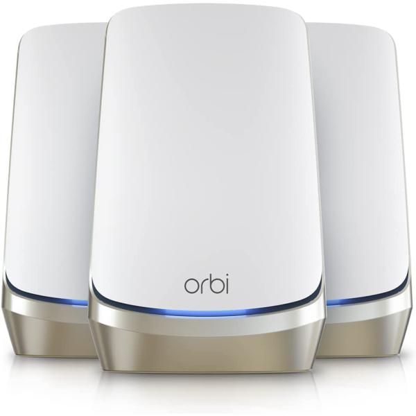 NETGEAR Orbi Quad-Band WiFi 6E Mesh System (RBKE963), Router with 2 Satellite Extenders, 10.8Gbps Speed, Coverage up to 9,000 sq. ft, 200 Devices, 10 Gig Internet Port, AXE11000 802.11 Axe