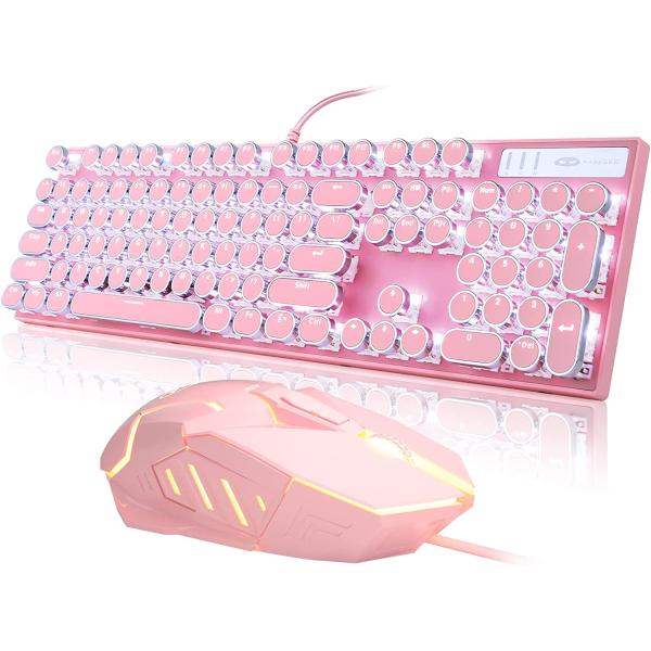 Retro Typewriter Keyboard and Mouse Combo, Cute Pink Keyboard with Linear Red Switches, Full Size Wired Mechanical Gaming Keyboard, Cool Light Up Keyboard and Mouse for Gaming,Work,Mac,PC,Windows