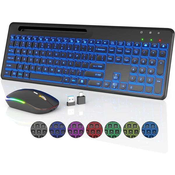 Wireless Keyboard and Mouse Backlit - Slim Keyboard with Phone Holder, Lighted Keys - Silent Rechargeable Cordless Mouse Combo for MacBook, PC, Laptop, Chromebook, by SABLUTE