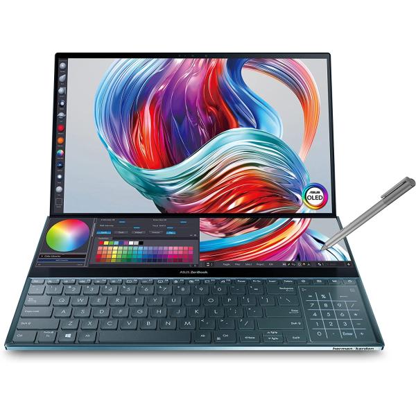 ASUS ZenBook Pro Duo UX581 Laptop, 15.6” 4K UHD NanoEdge Touch Display, Intel Core i7-10750H, 16GB RAM, 1TB PCIe SSD, GeForce RTX 2060, ScreenPad? Plus, Windows 10 Pro, Celestial Blue, UX581LV-XS74T