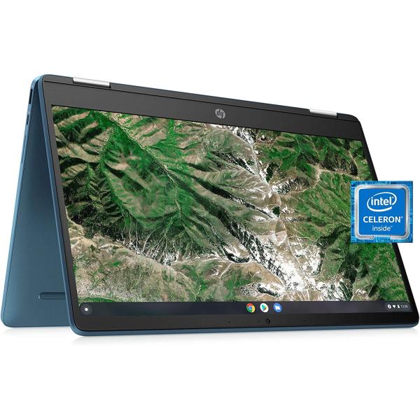 HP Laptop X360 14a Chromebook 14" HD Touchscreen, Entertaining from Any Angle Intel Celeron, 4GB DDR4 64GB eMMC WiFi Webcam Stereo Speakers Bluetooth 4.2 Chrome Blue Metallic Color