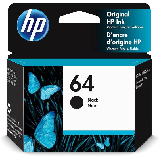 HP 64 Black Ink Cartridge | Works with HP ENVY Inspire 7950e; ENVY Photo 6200, 7100, 7800; Tango Series | Eligible for Instant Ink | N9J90AN