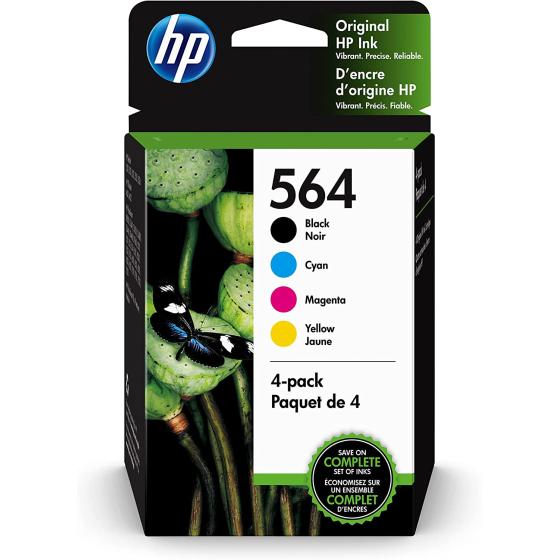 Original HP 564 Black, Cyan, Magenta, Yellow Ink (4-pack) | Works with DeskJet 3500; OfficeJet 4620; PhotoSmart B8550, C6300, D5400, D7560, 5500, 6510, 6520, 7500, Plus, Premium, eStation | 3YQ22AN