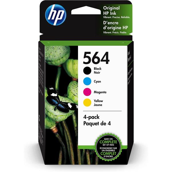 Original HP 564 Black, Cyan, Magenta, Yellow Ink (4-pack) | Works with DeskJet 3500; OfficeJet 4620; PhotoSmart B8550, C6300, D5400, D7560, 5500, 6510, 6520, 7500, Plus, Premium, eStation | 3YQ22AN