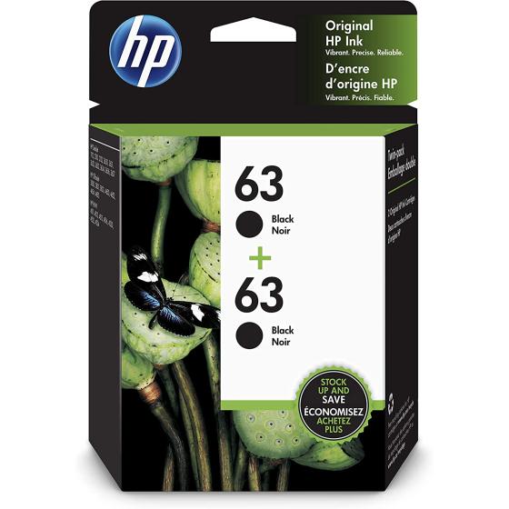 HP 63 | 2 Ink Cartridges | Black | Works with HP DeskJet 1112, 2100 Series, 3600 Series, HP ENVY 4500 Series, HP OfficeJet 3800 Series, 4600 Series, 5200 Series | F6U62AN