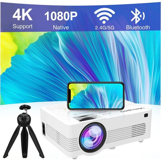 Native 1080P Mini Projector with 5G WiFi and Bluetooth (with Tripod), 4K Supported Outdoor Projector, Portable Movie Projector Compatible with TV Stick, iOS, Android, PS5, HDMI, USB, Vecupou
