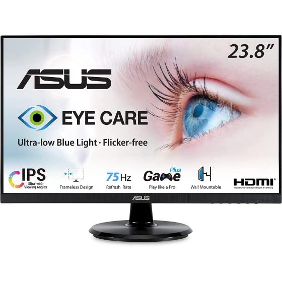 ASUS VA24DQ 23.8” Monitor, 1080P Full HD, 75Hz, IPS, Adaptive-Sync/FreeSync, Eye Care, HDMI DisplayPort VGA, Frameless, VESA Wall Mountable ,BLACK