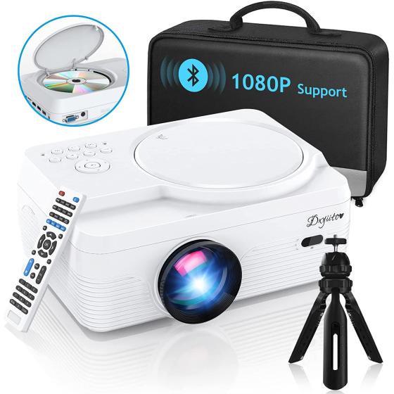 Full HD Bluetooth Projector Built in DVD Player, 8500LM 1080P Supported, Portable Mini DVD Projector for Outdoor Movies, 250" Home Theater, Compatible with iOS/Android/TV Stick/PS4/HDMI/USB/TF Card