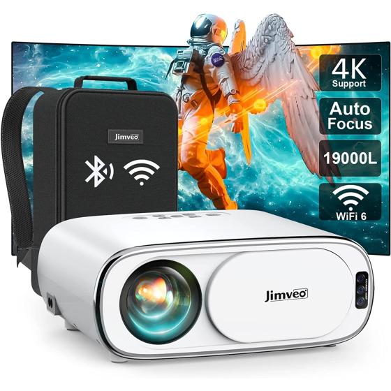 [Auto-Focus] Projector with WiFi 6 and Bluetooth:Jimveo 490 ANSI 19000L Native 1080P Outdoor Movie Projector 4k Support,Auto 6D Keystone&50% Zoom,Portable Smart Home LED Video Projector for Phone/PC