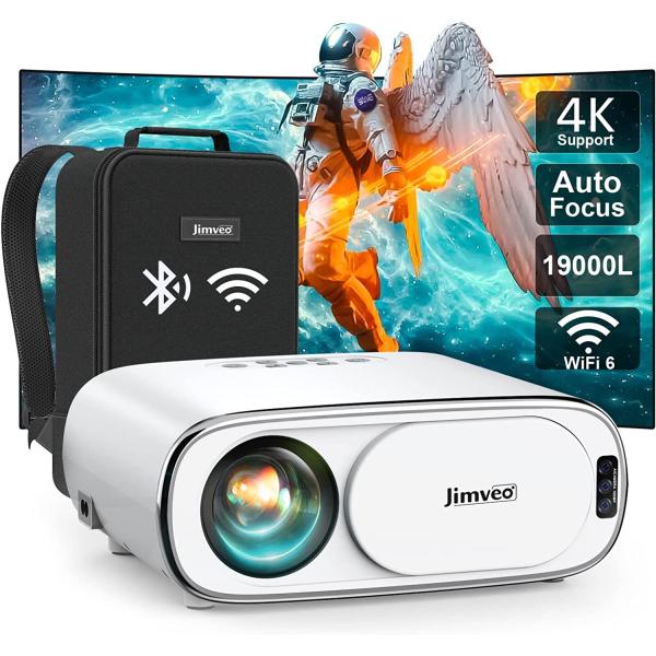 [Auto-Focus] Projector with WiFi 6 and Bluetooth:Jimveo 490 ANSI 19000L Native 1080P Outdoor Movie Projector 4k Support,Auto 6D Keystone&50% Zoom,Portable Smart Home LED Video Projector for Phone/PC