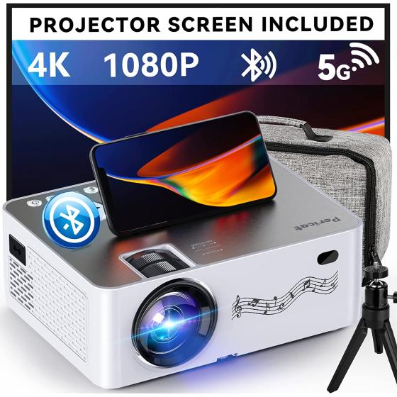 Projector with WiFi and Bluetooth, 5G WiFi, Native 1080P/12000L Video Projector with Screen, 4K Support Outdoor Projector, 350'' Display Phone Projector with Carry Bag for iPhone,TV Stick, Mac