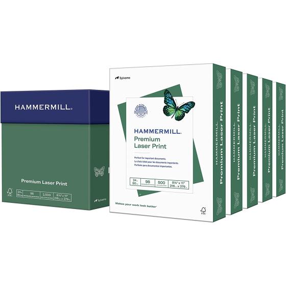 Hammermill Printer Paper, Premium Laser Print 24 lb, 8.5 x 11-5 Ream (2,500 Sheets) - 98 Bright, Made in the USA, 104640C