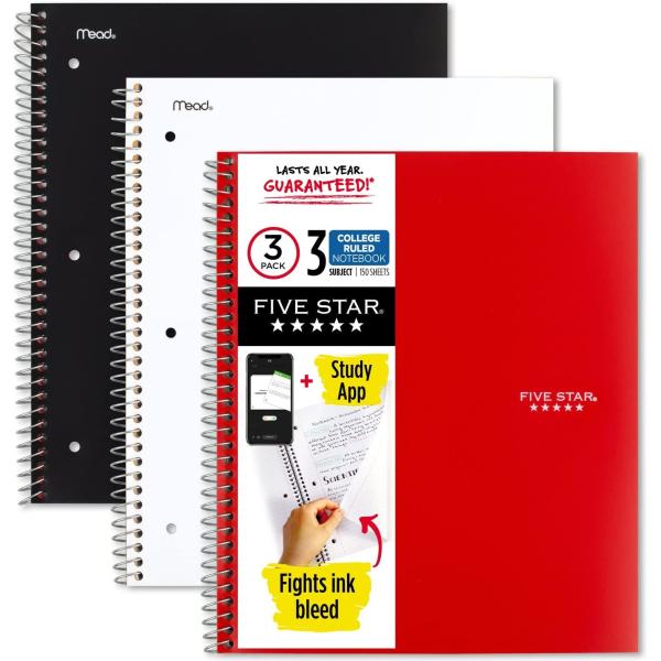 Five Star Spiral Notebooks, 3-Subject, College Ruled Paper, 11" x 8-1/2", 150 Sheets, Black, White, & Red (73393)