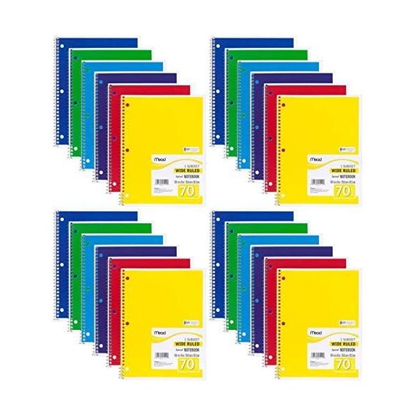 Mead Spiral Notebook, Wide Ruled, 1 Subject, 70 Sheets, 8 x 10.5 Inches, Assorted Colors (05510) Pack of 24