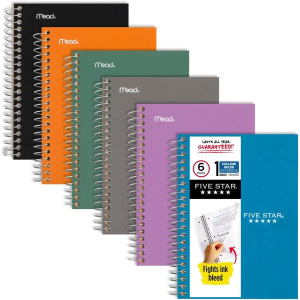 Five Star Personal Spiral Notebooks, 6 Pack, 1-Subject, College Ruled Paper, 7" x 4-3/8", Small Size, 100 Sheets, Assorted Colors (38028)