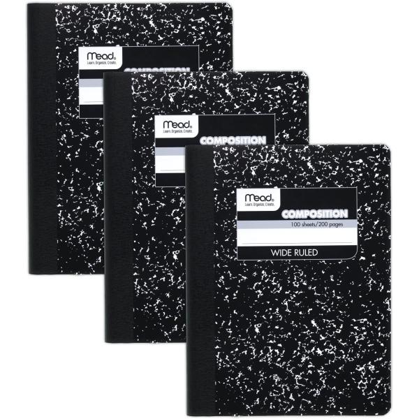 Mead Composition Notebook, Wide Ruled Paper, 9-3/4" x 7-1/2", 100 Sheets per Notebook, Black Marble (38301), Pack of 3
