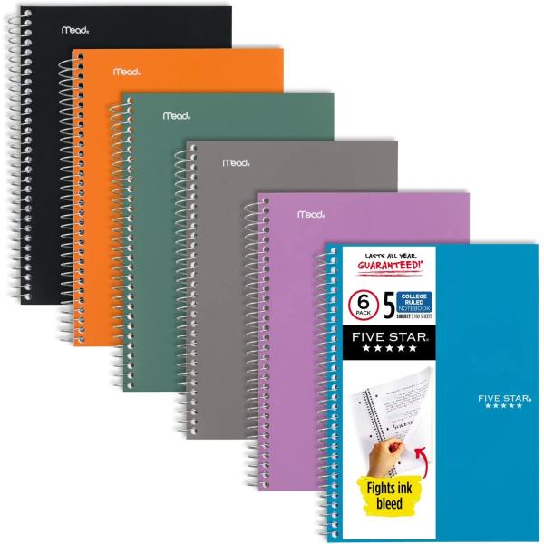 Five Star Small Spiral Notebooks, 6 Pack, 5-Subject, College Ruled Paper, 180 Sheets, Small, 9-1/2" x 6", Assorted Colors (73527)