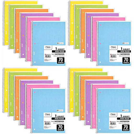 Mead Spiral Notebook, 24 Pack of 1-Subject Wide Ruled Spiral Bound Notebooks, Pastel Color Cute school Notebooks, 70 Pages