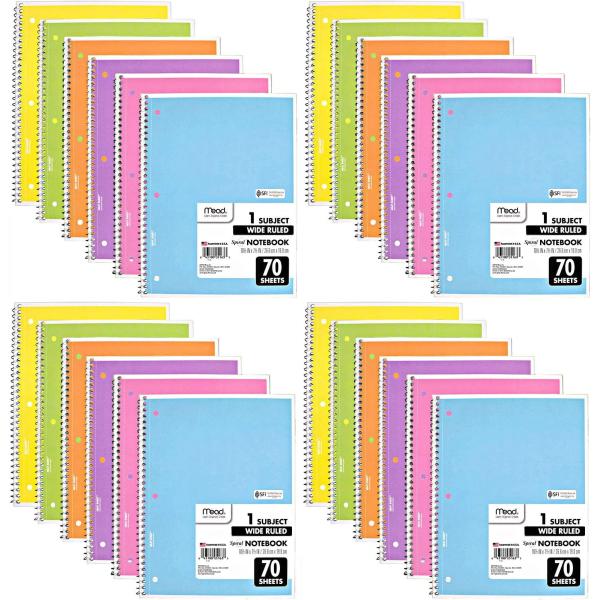 Mead Spiral Notebook, 24 Pack of 1-Subject Wide Ruled Spiral Bound Notebooks, Pastel Color Cute school Notebooks, 70 Pages