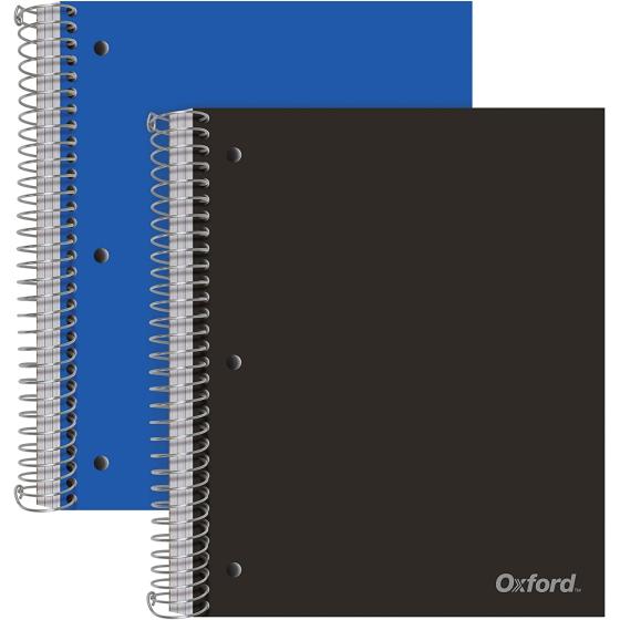 Oxford Spiral Notebooks, 3-Subject, College Ruled Paper, Durable Plastic Cover, 150 Sheets, 3 Divider Pockets, 2 Pack (10386), multi-colored