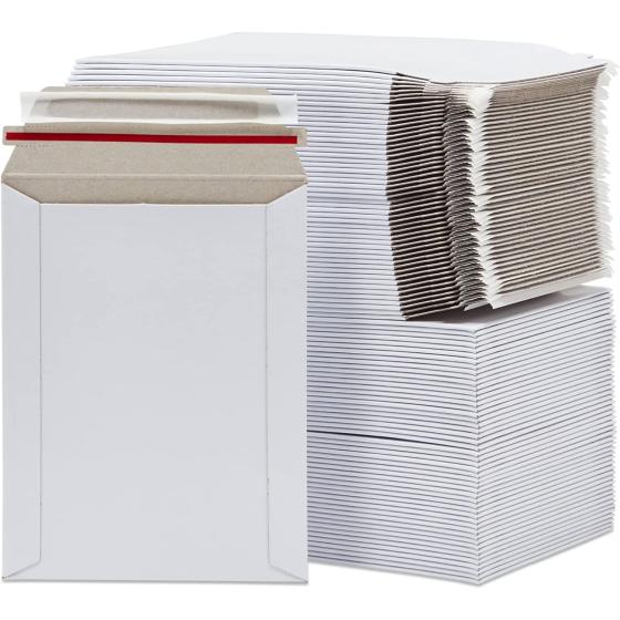 100 Pack Stay Flat Rigid Mailers 6x8 with Self Adhesive Seal, Bulk White Cardboard Envelopes for Shipping Photo, Documents, Collectible Trading Cards, Art Prints