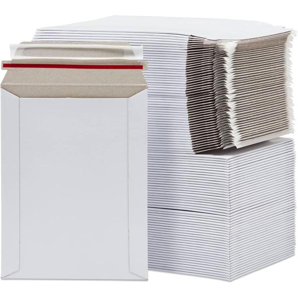 100 Pack Stay Flat Rigid Mailers 6x8 with Self Adhesive Seal, Bulk White Cardboard Envelopes for Shipping Photo, Documents, Collectible Trading Cards, Art Prints