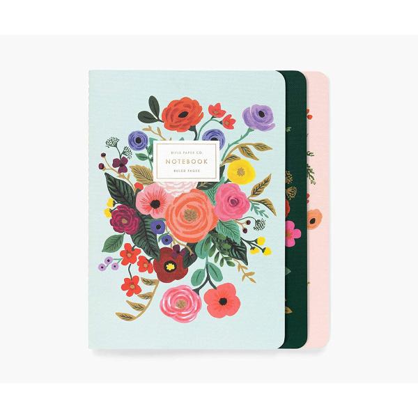 RIFLE PAPER CO. Garden Party Stitched Notebook Set, Set Of 3 Notebooks, 64 Ruled Pages With Gold Ink, Canvas Paper Cover With White Text Paper Interior