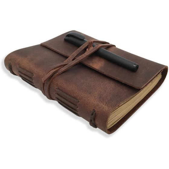 Leather Journal Writing Notebook - Genuine Leather Bound Daily Notepad for Men & Women Lined Paper 240 Kraft Pages, Handmade, Rustic Brown, 5 x 7 in