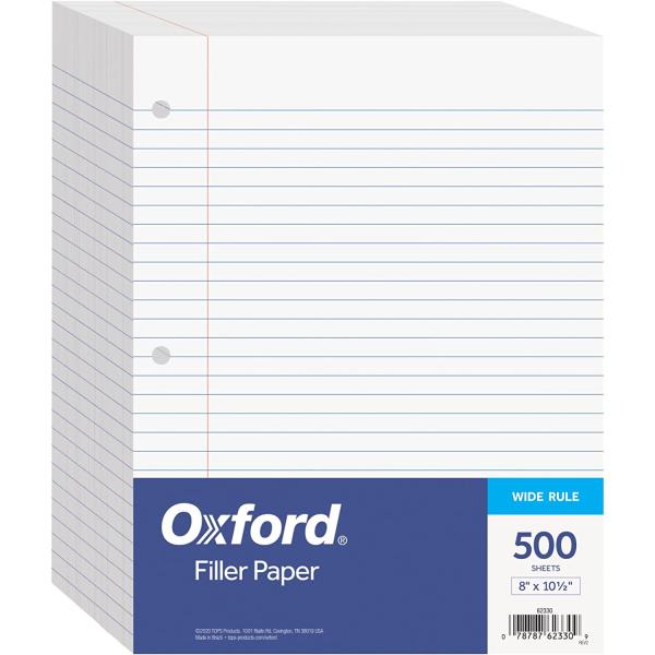 Oxford Filler Paper, 8 x 10-1/2 Inch Wide Ruled Paper, 3 Hole Punch, Loose Leaf Notebook Paper for 3 Ring Binders, 500 sheets (62330), white