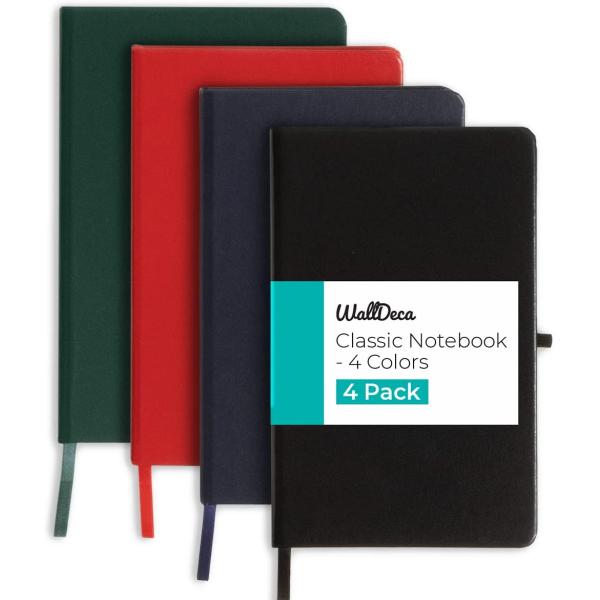 WallDeca Lined Journal Notebooks 4 Pack | Hard Cover, 240 Pages, College Ruled 8.25 x 5 inches, Ivory 80 GSM Paper | School, Business, College, Notes, Journaling (4-Pack)