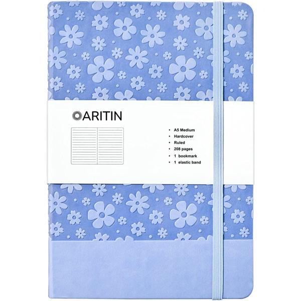 ARITIN Journal for Women-Journal Notebook Hardcover 208 Pages Lined, PU Leather Notebook Embossed Flowers, 5.7 X 8.4 in, 100gsm A grade Paper, Light Blue