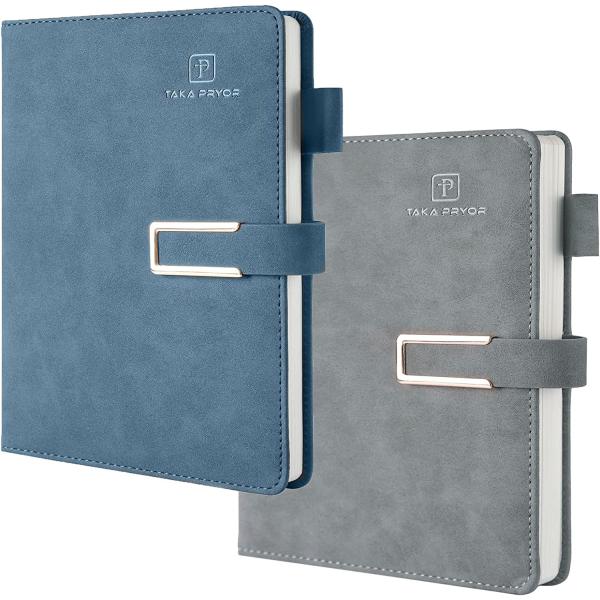 TAKA PRYOR 2-Pack Ruled Journal Notebook Bulk,Hardcover Magnetic Clasp Cover,with Pen Loop，Medium 5.7 x 8.3 inches, 120 GSM Thick Paper, Gifts (Lined Blue Gray)