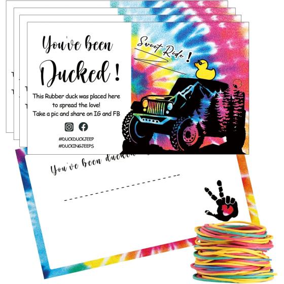 You've Been Ducked - Sweet Ride, Duck Tags, Duck Game Card, 50 Cards, 50 Rubber Bands, 3.5 x 2" Business Card Size, with Round Hole,Tie Dyed Print Design