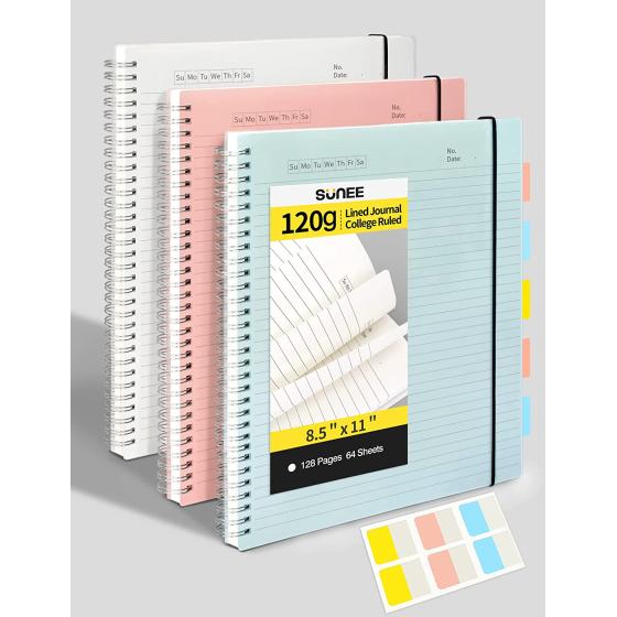 SUNEE 3 Pack Spiral Notebook - Large Lined Journal Notebook, 8.5" x 11", 120gsm Thick Paper, College Ruled, Giftable Journal for Study and Notes 64 Sheets, Blue, Pink, Transparent