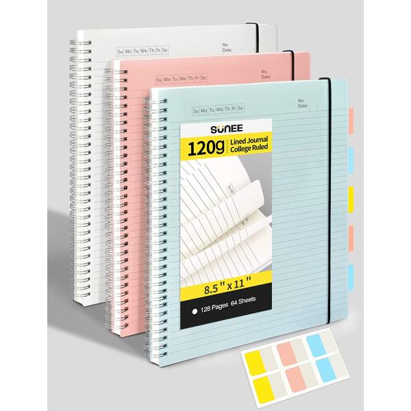SUNEE 3 Pack Spiral Notebook - Large Lined Journal Notebook, 8.5" x 11", 120gsm Thick Paper, College Ruled, Giftable Journal for Study and Notes 64 Sheets, Blue, Pink, Transparent