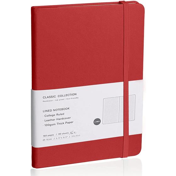 EMOMAS Lined Journal Notebook, (red), 160 Pages, Medium 5.7 inches x 8 inches - 100 gsm Thick Paper, Hardcover
