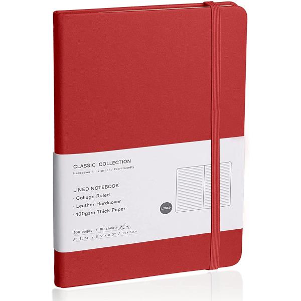 EMOMAS Lined Journal Notebook, (red), 160 Pages, Medium 5.7 inches x 8 inches - 100 gsm Thick Paper, Hardcover