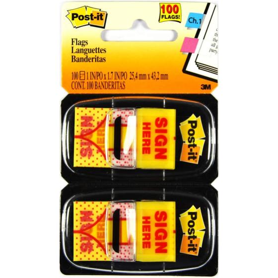 Post-it Message Flags, "Sign Here", 50/Dispenser, 2 Dispensers/Pack, 1 in Wide, Yellow (680-SH2)