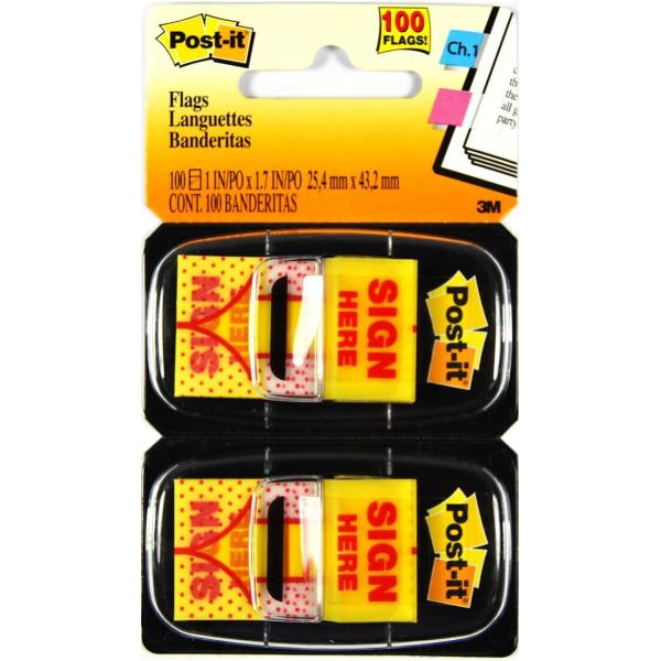 Post-it Message Flags, "Sign Here", 50/Dispenser, 2 Dispensers/Pack, 1 in Wide, Yellow (680-SH2)