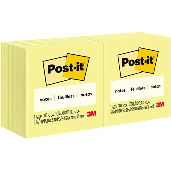 Post-it Notes 3x3 in, 12 Pads, America's #1 Favorite Sticky Notes, Canary Yellow, Clean Removal, Recyclable (654)